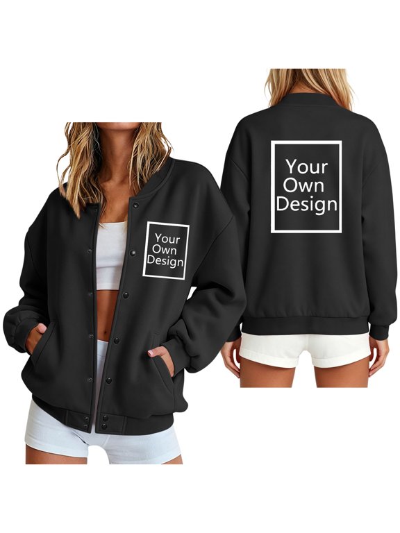 Womens Jackets and Coats Custom Graphic Design Snap Button Closure Long Sleeve Stand Collar Outerwear Personalized Apparel for Spring Fall Casual Streetwear Everyday Look