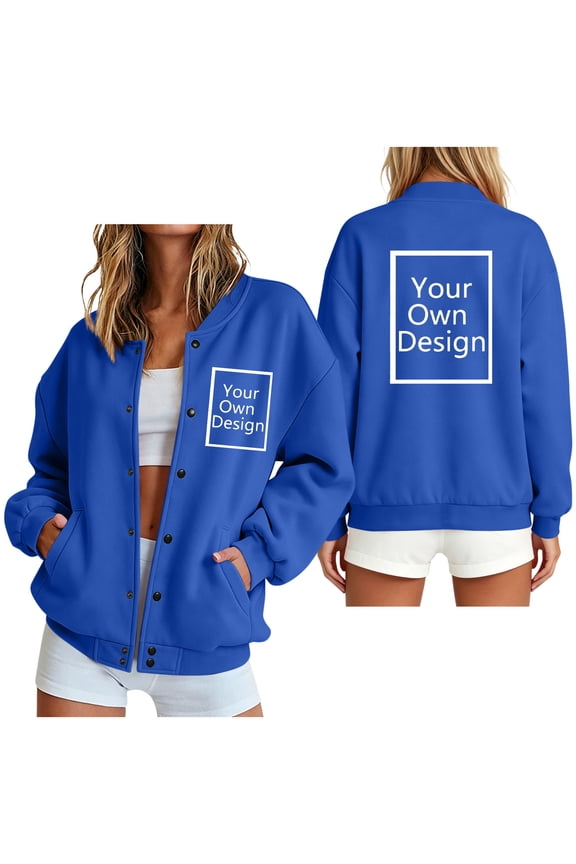 Womens Jackets and Coats Custom Graphic Design Snap Button Closure Long Sleeve Stand Collar Outerwear Personalized Apparel for Spring Fall Casual Streetwear Everyday Look