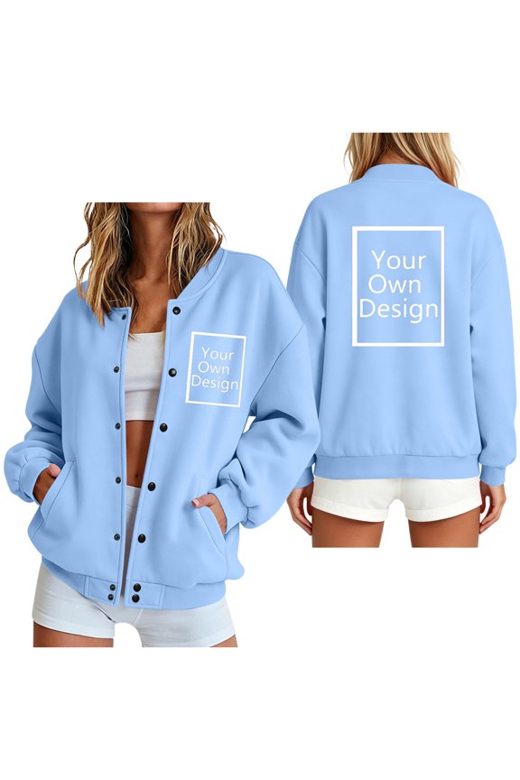 Womens Jackets and Coats Custom Graphic Design Snap Button Closure Long Sleeve Stand Collar Outerwear Personalized Apparel for Spring Fall Casual Streetwear Everyday Look