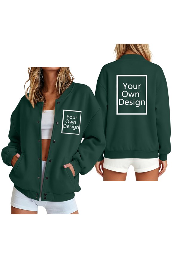 Womens Jackets and Coats Custom Graphic Design Snap Button Closure Long Sleeve Stand Collar Outerwear Personalized Apparel for Spring Fall Casual Streetwear Everyday Look