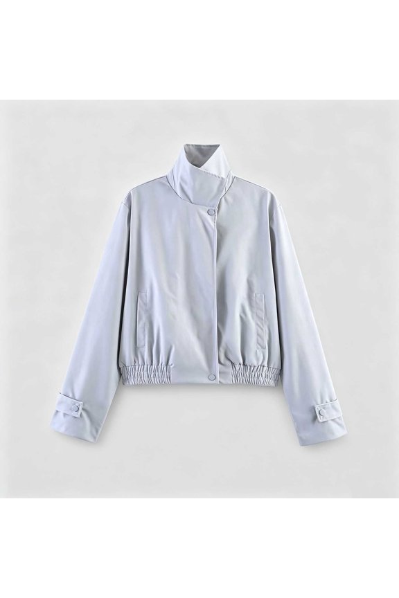 Womens Jackets and Coats High Stand Collar Zip Up Cropped Outerwear Minimalist Gathered Hem Elastic Waist Windbreaker for Spring Fall City Walk Commuting