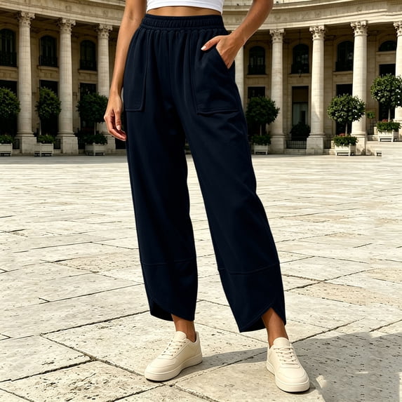 Samdudou Womens Joggers Curved Hem Lounge Pants Front Patch Pockets Elastic Waist Active Trousers Casual Solid Daily Work Wear