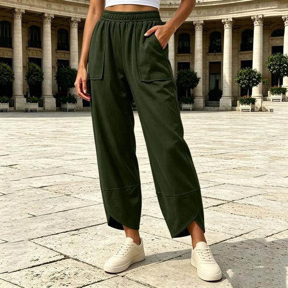 Samdudou Womens Joggers Curved Hem Lounge Pants Front Patch Pockets Elastic Waist Active Trousers Casual Solid Daily Work Wear