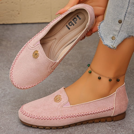 Samdudou Womens Loafers Casual Slip On Flat Shoes Closed Toe Faux Suede Moccasins with Metallic Flower Embellishment for Daily Work