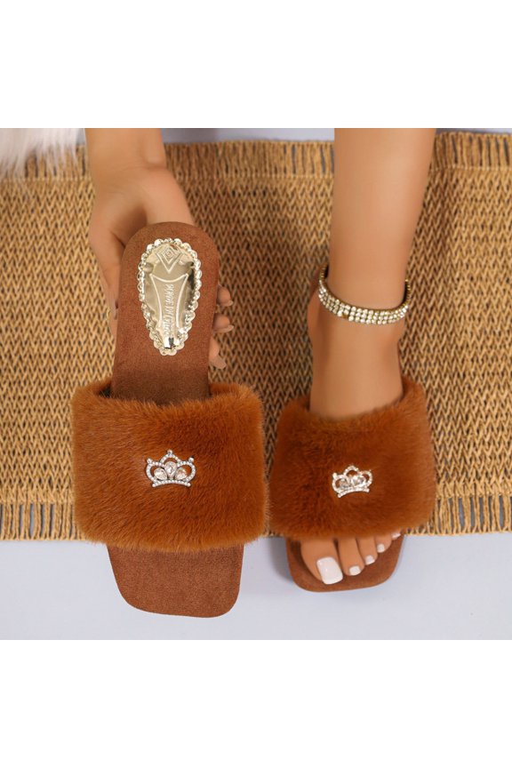 Womens Open Toe Slippers Fluffy Square Toe Slides Rhinestone Crown Embellished House Shoes Stylish Slip On Lounge Scuff