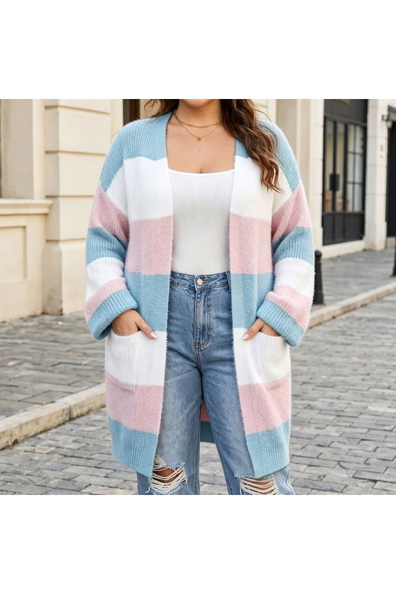 Womens Plus Size Cardigans Fall Winter Striped Pattern Open Front Duster Sweaters with Patch Pockets Fuzzy Textured Long Maxi Outerwear for Chilly Days Casual Wear
