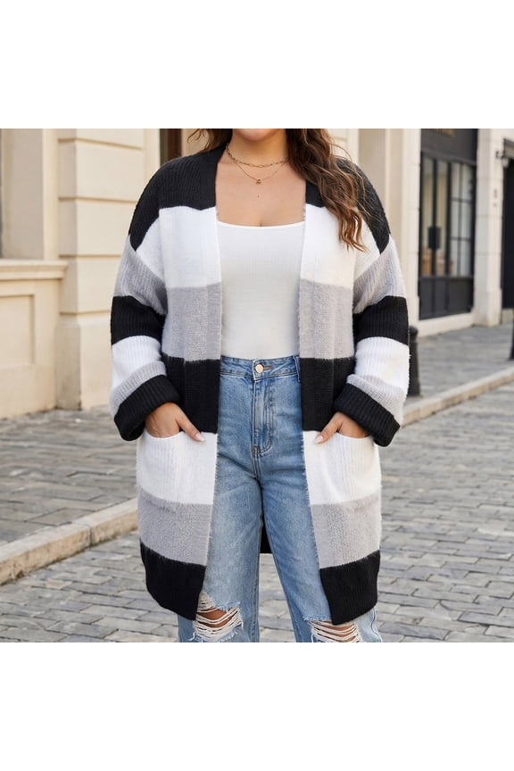 Womens Plus Size Cardigans Fall Winter Striped Pattern Open Front Duster Sweaters with Patch Pockets Fuzzy Textured Long Maxi Outerwear for Chilly Days Casual Wear