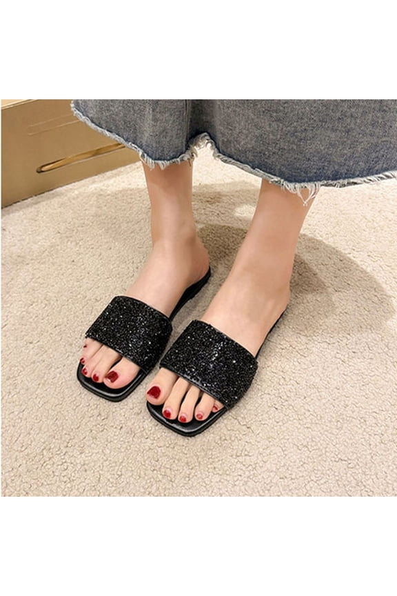 Womens Sandals Open Toe Bling Rhinestone Single Band Slides Square Slip On Flats Dazzling Sparkly Dressy Mules Beach Vacation Evening Party Trendy Footwear