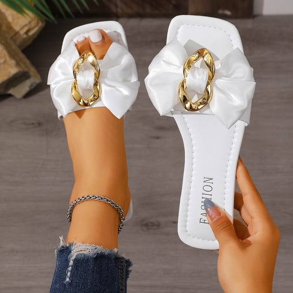 Samdudou Womens Sandals Open Toe Flat Slides Elegant Silky Bowknot Slip On Square Design with Metallic Hardware Detail Casual Summer Beach Vacation Dressy Mules