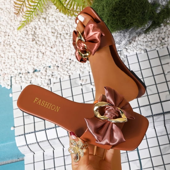 Samdudou Womens Sandals Open Toe Flat Slides Elegant Silky Bowknot Slip On Square Design with Metallic Hardware Detail Casual Summer Beach Vacation Dressy Mules