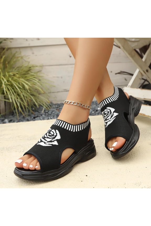 Womens Sandals Summer Open Toe Stretch Knit Sock Style Rose Pattern Thick Sole Elastic Casual Everyday Footwear Ladies Travel Resort Shopping Essential