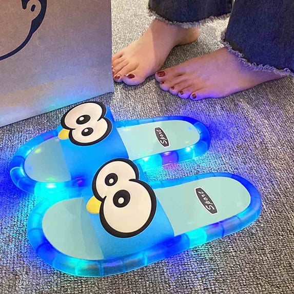 Samdudou Womens Slide Sandals Open Toe Slip On Flat Slippers Fun LED Light Up Sole Cute Cartoon Penguin Design Novelty Indoor Outdoor House Shoes Casual Footwear