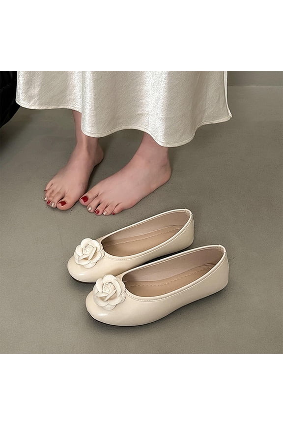 Womens Slip On Shoes Closed Toe Classic Round Front Ballet Flats Beautiful 3D Rose Flower Applique Embellishment Smooth Faux Leather Casual Daily Dressy Footwear