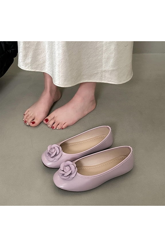 Womens Slip On Shoes Closed Toe Classic Round Front Ballet Flats Beautiful 3D Rose Flower Applique Embellishment Smooth Faux Leather Casual Daily Dressy Footwear