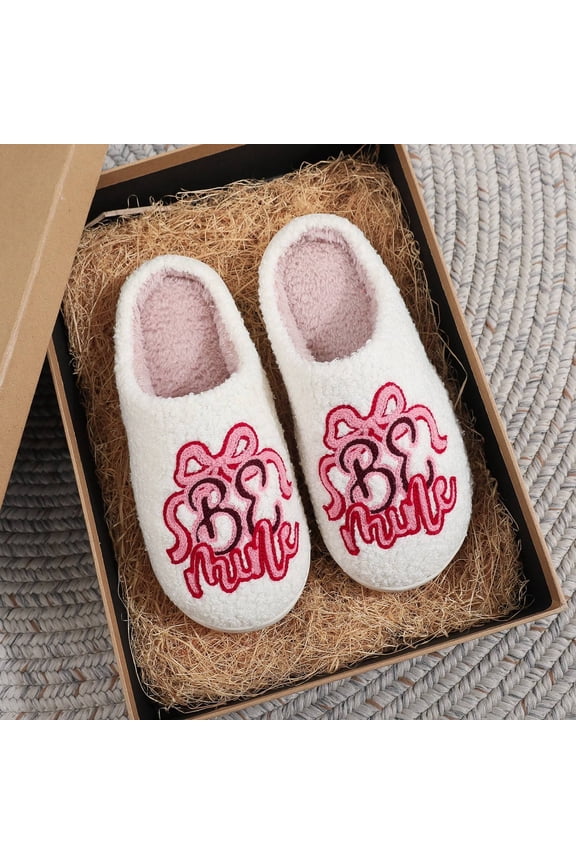 Womens Slippers Closed Toe Cute Pink Bowknot Embroidery Fuzzy House Shoes Soft Plush Fleece Lined Indoor Outdoor Anti-Slip Rubber Sole Spa Bedroom Loungewear