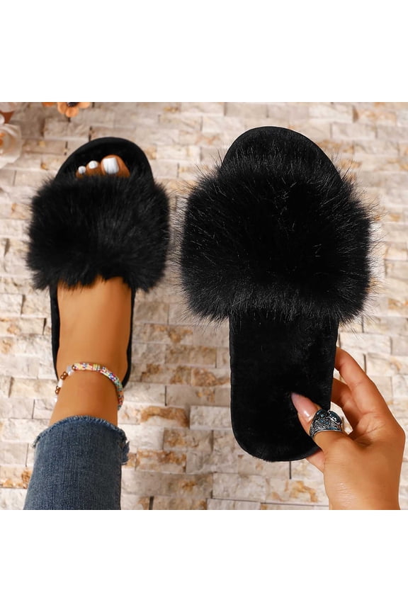 Womens Slippers Open Toe Faux Fur Slides Plush Fuzzy House Shoes Indoor Bedroom Slip On Scuff Elegant Loungewear Footwear
