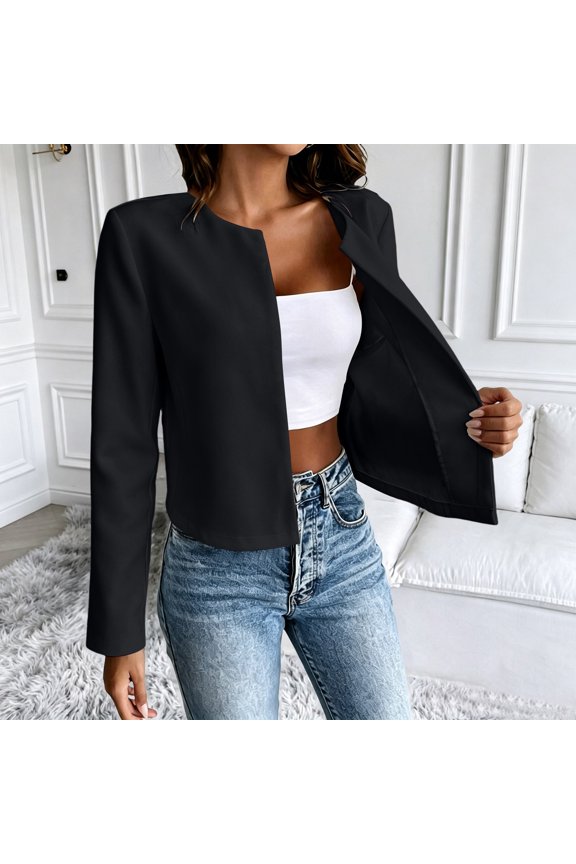 Womens Suits and Blazers Open Front Collarless Long Sleeve Cropped Jacket Structured Shoulder Pad Elegant Office Workwear for Spring Fall Formal Events Business Meetings