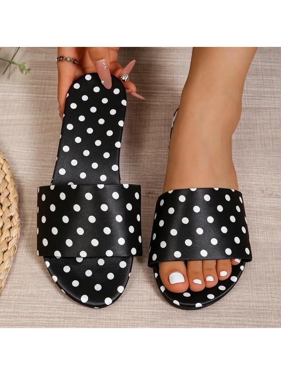 Womens Summer Shoes Casual Flat Sandals Classic Polka Dot Print Open Toe Slip On Slides Wide Strap Smooth Fabric Beach Pool Vacation Footwear for Ladies
