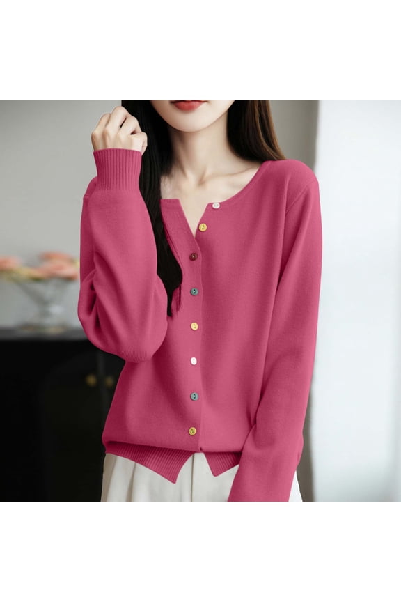 Womens Sweaters Fall Fashion Crewneck Long Sleeve Button Down Knitwear Drop Shoulder Relaxed Warm Cardigan for Winter Chilly Days School Lounging Weekend Errands Layering