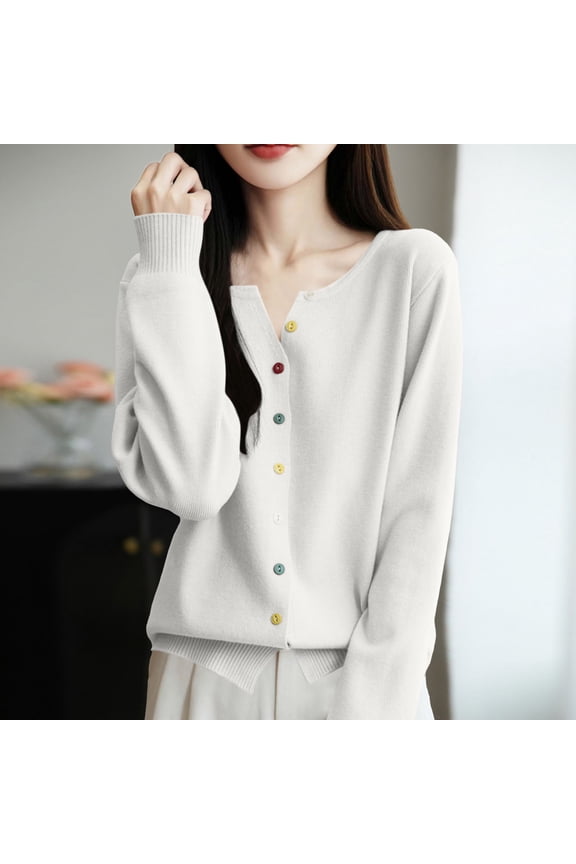 Womens Sweaters Fall Fashion Crewneck Long Sleeve Button Down Knitwear Drop Shoulder Relaxed Warm Cardigan for Winter Chilly Days School Lounging Weekend Errands Layering