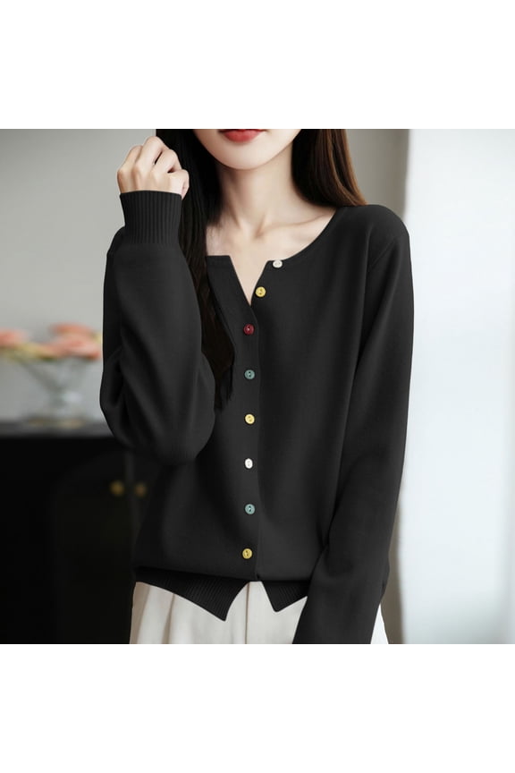 Womens Sweaters Fall Fashion Crewneck Long Sleeve Button Down Knitwear Drop Shoulder Relaxed Warm Cardigan for Winter Chilly Days School Lounging Weekend Errands Layering