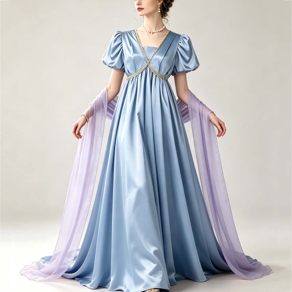 Samdudou Womens Vintage Dresses 2 Piece Costume Outfits Short Puff Sleeve Empire Waist Maxi Gowns and Sheer Shawl Sets Renaissance Cosplay