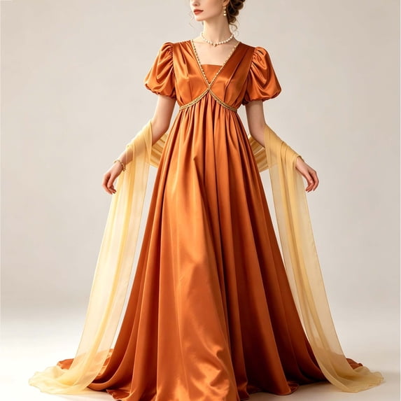 Samdudou Womens Vintage Dresses 2 Piece Costume Outfits Short Puff Sleeve Empire Waist Maxi Gowns and Sheer Shawl Sets Renaissance Cosplay