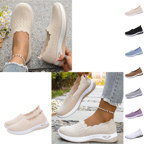 Samdudou Womens Walking Shoes Closed Toe Slip On Breathable Knit Mesh Upper Scalloped Collar Edge Textured Pattern Lightweight Sporty Thick Sole Daily Activewear Sneakers