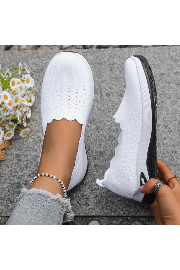 Womens Walking Shoes Closed Toe Slip On Breathable Knit Mesh Upper Scalloped Collar Edge Textured Pattern Lightweight Sporty Thick Sole Daily Activewear Sneakers