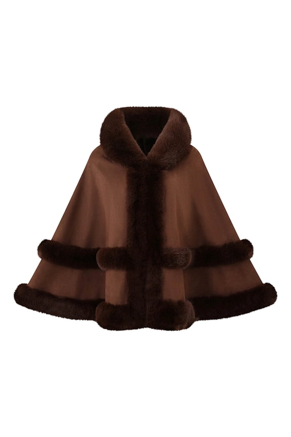 Womens Winter Coats Thick Cloak Elegant Cape Outerwear Faux Fur Trimmed Shawl with Layered Fluffy Detailing for Cold Days Outdoor Occasions Sophisticated Look