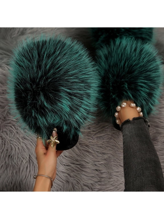 Womens Winter Slippers Open Toe Fluffy Slide Sandals Fashion House Shoes Fashion Solid Flat Slip On Warm Footwear for A Gift