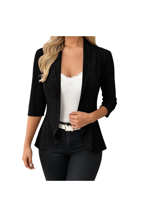 Womens Work Office Cardigan Casual Open Front Draped Jacket Three Quarter Sleeve Embroidered Lapel Detail Elegant Outerwear for Spring Summer Fall Business Dinners Professional Settings