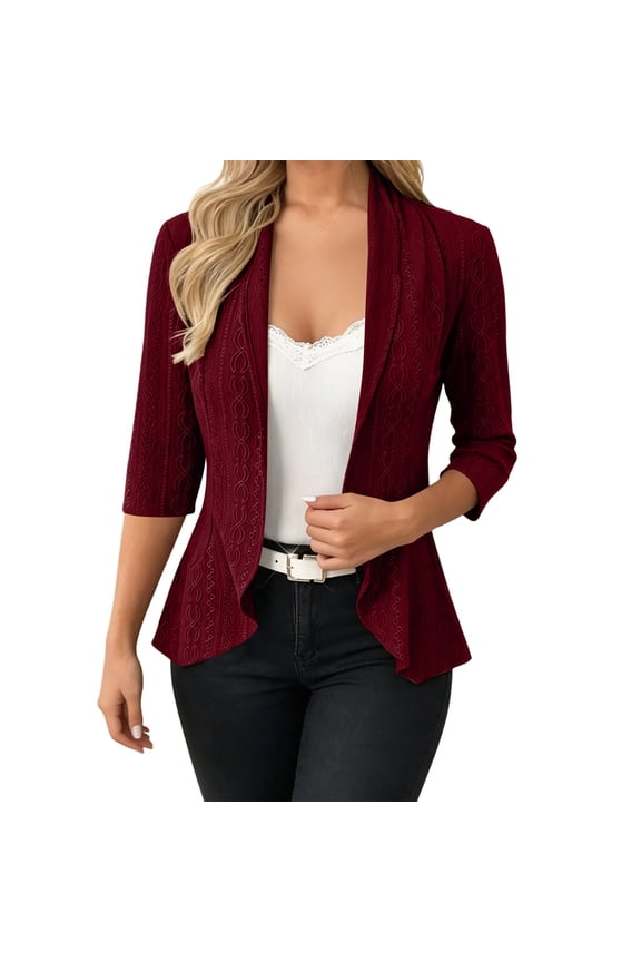 Womens Work Office Cardigan Casual Open Front Draped Jacket Three Quarter Sleeve Embroidered Lapel Detail Elegant Outerwear for Spring Summer Fall Business Dinners Professional Settings