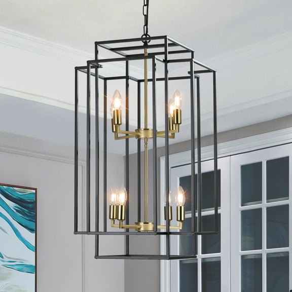 (Same as W1340142524/L1018-G) 18" Modern 8-Light Black Gold Geometric Pendant Chandelier, Industrial Metal Frame, Adjustable Hanging Light for Living Room, Dining Room, Kitchen (No Bulbs)