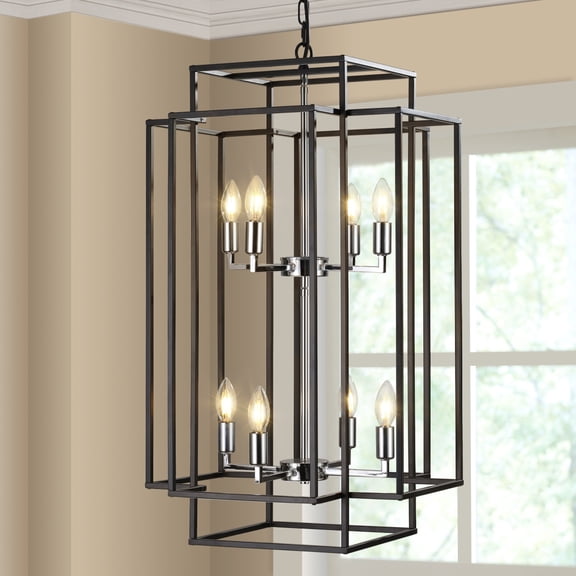 (Same as W1340142524/L1018-G) 18" Modern 8-Light Black Gold Geometric Pendant Chandelier, Industrial Metal Frame, Adjustable Hanging Light for Living Room, Dining Room, Kitchen (No Bulbs)