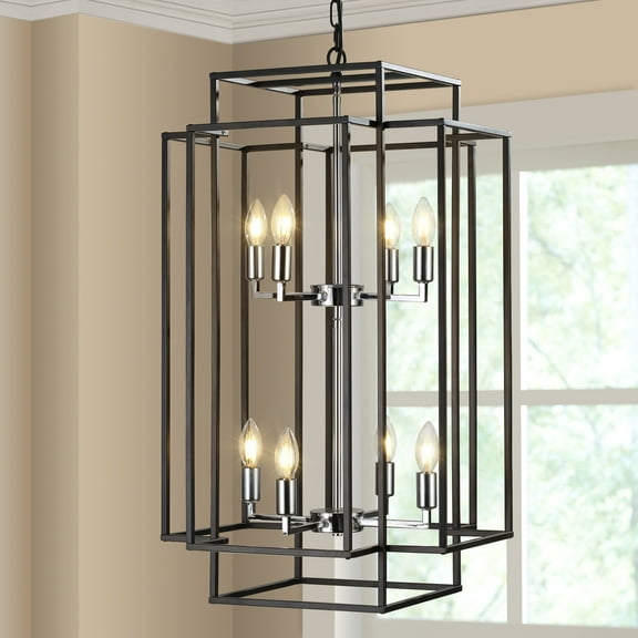 (Same as W1340142525/L1018-C) 18" Modern 8-Light Black & Chrome Geometric Pendant Chandelier, Industrial Metal Frame, Adjustable Hanging Light for Living Room, Dining Room, Kitchen (No Bulbs)