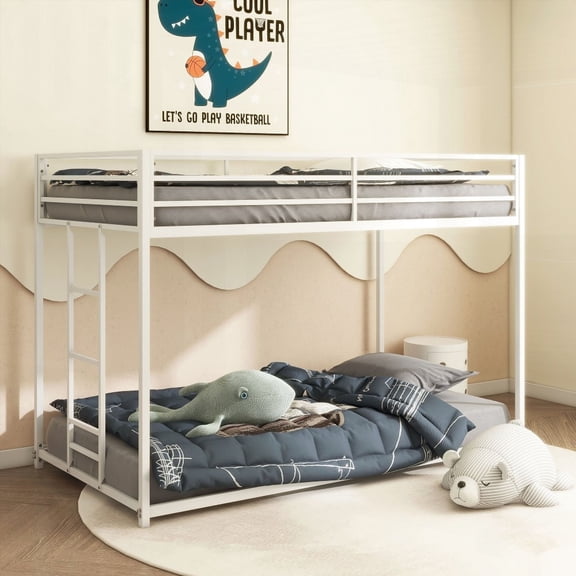 [Twin Size Metal High-Rise Bed Frame with Stable Ladder, No Box Spring Needed, White for Bedroom]