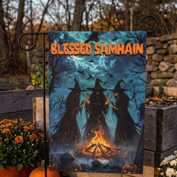 Samhain Garden Flag Three Witches Ritual Decor Gothic Outdoor Banner Pagan Sabbat Fall Dec