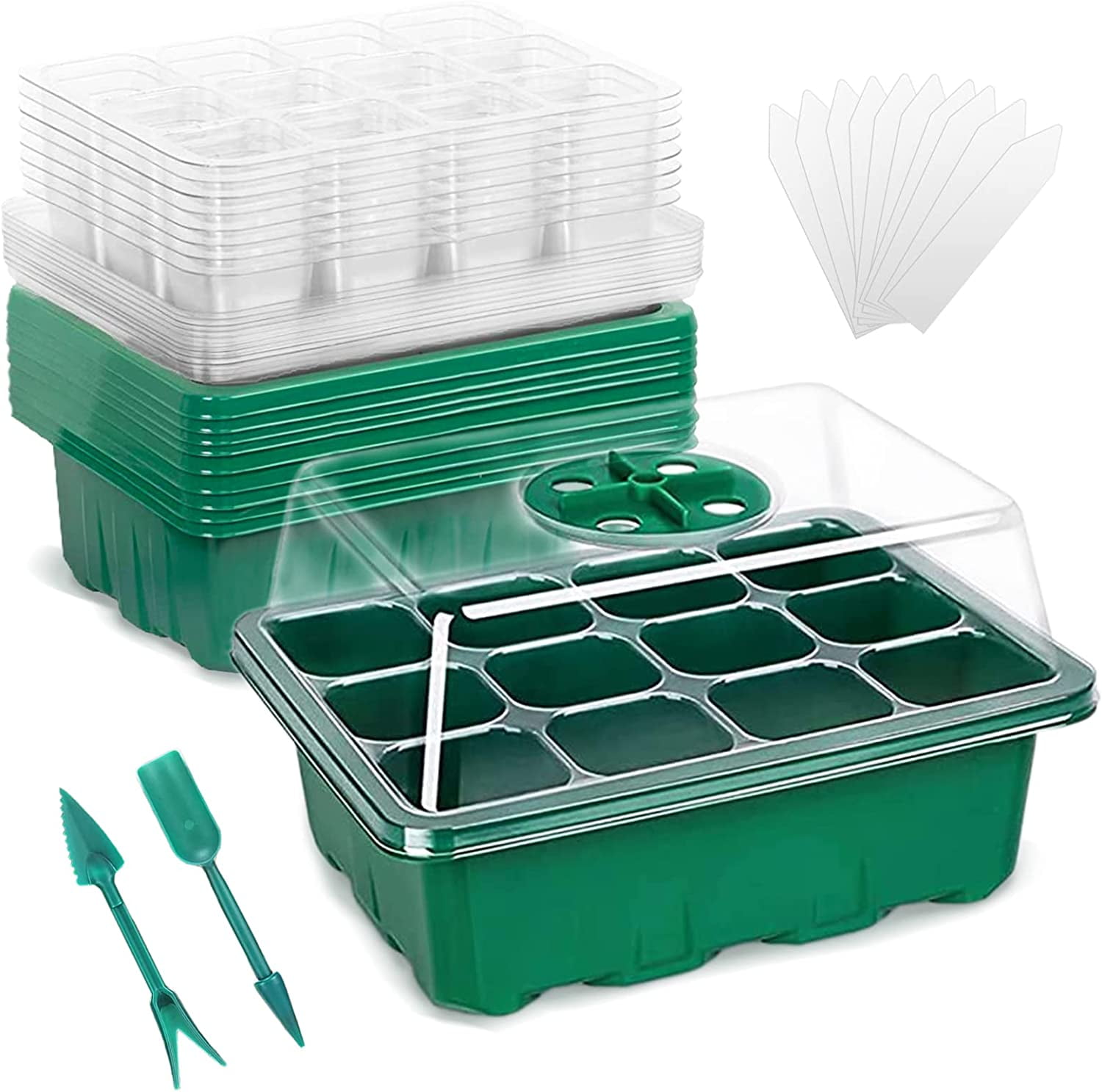 Samhe 10 Packs Seed Starter Tray, Seed Starter Kit with Humidity Dome, Plant Starting Trays Germination Kit with Seeding Tools and Labels for Plant Growing Starting, 12 Cells per Tray