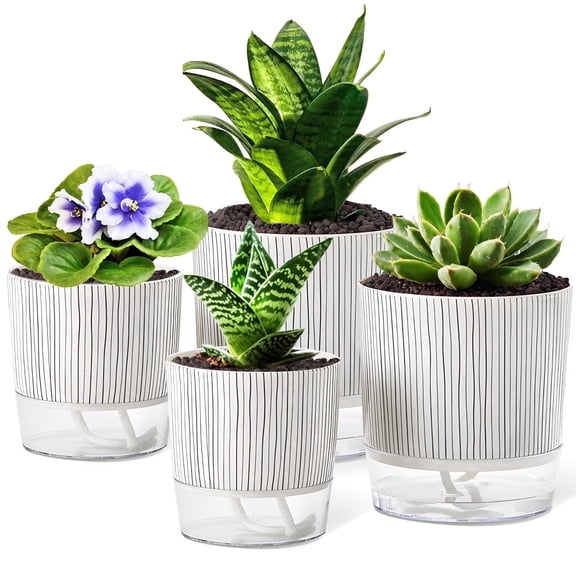 Samhe 4 Pack Self Watering Pots, 4+5.5 inch Planter Pots for Indoor Plants with Wick Rope and Reservoir