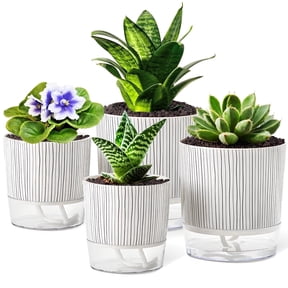 Samhe 4 Pack Self Watering Pots, 4+5.5 inch Planter Pots for Indoor Plants with Wick Rope and Reservoir