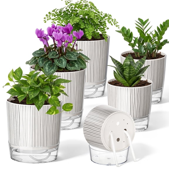 Samhe 6 Pack Self Watering Pots, 4" & 5.5" Plastic Planter Pots with Drainage Holes and Saucers for Indoor and Outdoor Plants