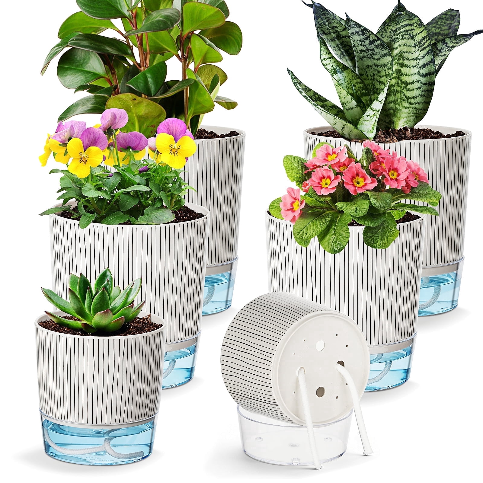 Samhe 6 Pack Self Watering Pots for Indoor Plants, 4" 5.5" 6.3" Plastic Self Watering Planter with Drainage Holes and Saucers