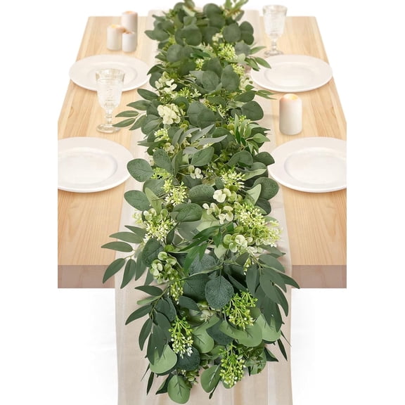 Samhe 6Ft Eucalyptus Garland, Bushy Artificial Lvy Greenery Vines with Flower Gypsophila Willow Leaves for Home Wedding Party Table Runner Centerpiece Decor