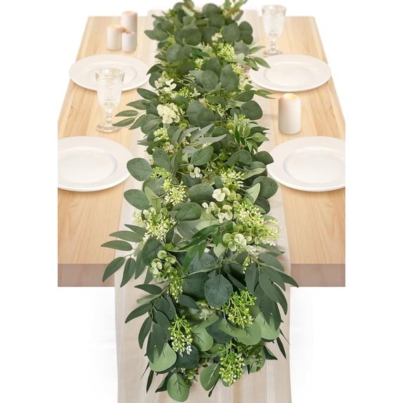 Samhe 6Ft Eucalyptus Garland, Bushy Artificial Lvy Greenery Vines with Flower Gypsophila Willow Leaves for Home Wedding Party Table Runner Centerpiece Decor
