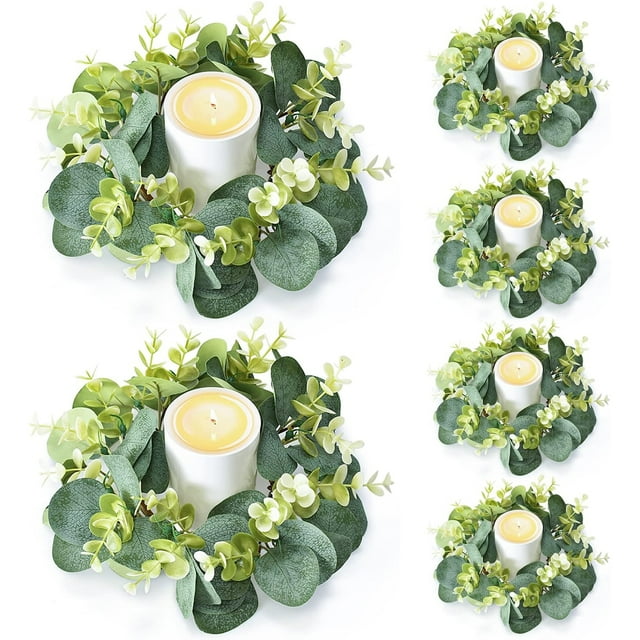 Samhe 6Pcs Candle Rings, Artificial Eucalyptus Wreath Candles Wreaths