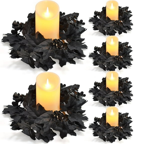 Samhe 6Pcs Candle Rings, Halloween Black Candle Rings Wreath for Pillar Candle Holder, Maple Leaf Small Wreaths for Fall Thanksgiving Home Table Centerpieces, Door, Wall, Window Decorations (Black)