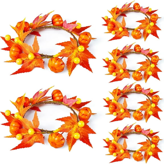 Samhe 6Pcs Fall Candle Rings Wreaths, Artificial Pumpkin Maple Leaf Candle Ring with Berries for Pillars, Autumn Thanksgiving Wedding Party Table Decor, 3.1" ID/7" OD