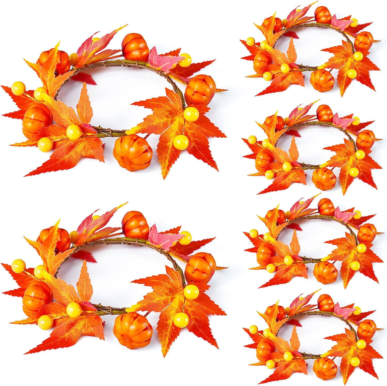 Samhe 6Pcs Fall Candle Rings Wreaths, Artificial Pumpkin Maple Leaf