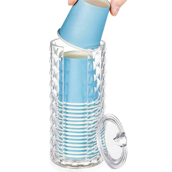 Samhe Bathroom Cup Dispenser, Mouthwash Cup Holder for 3oz Disposable Paper Cups Storage, Cotton Round Pad Holder with Lid for Vanity Makeup Organizer - Clear Acrylic Canister (1 Pack)